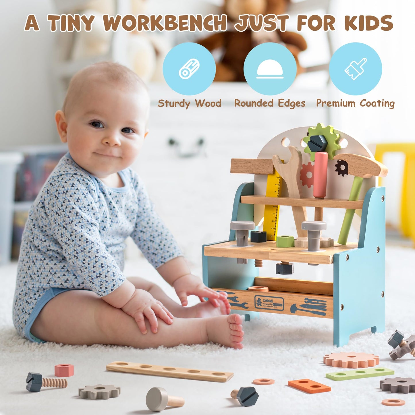 ROBUD Mini Wooden Play Tool Workbench Set — Montessori Toys for Kids 3-5