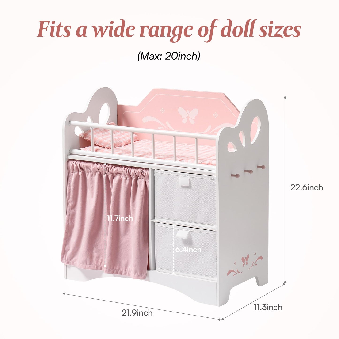 ROBUD Baby Doll Crib – Wooden Doll Bed with Storage & Bedding for Dolls Under 22 Inches (Pink)