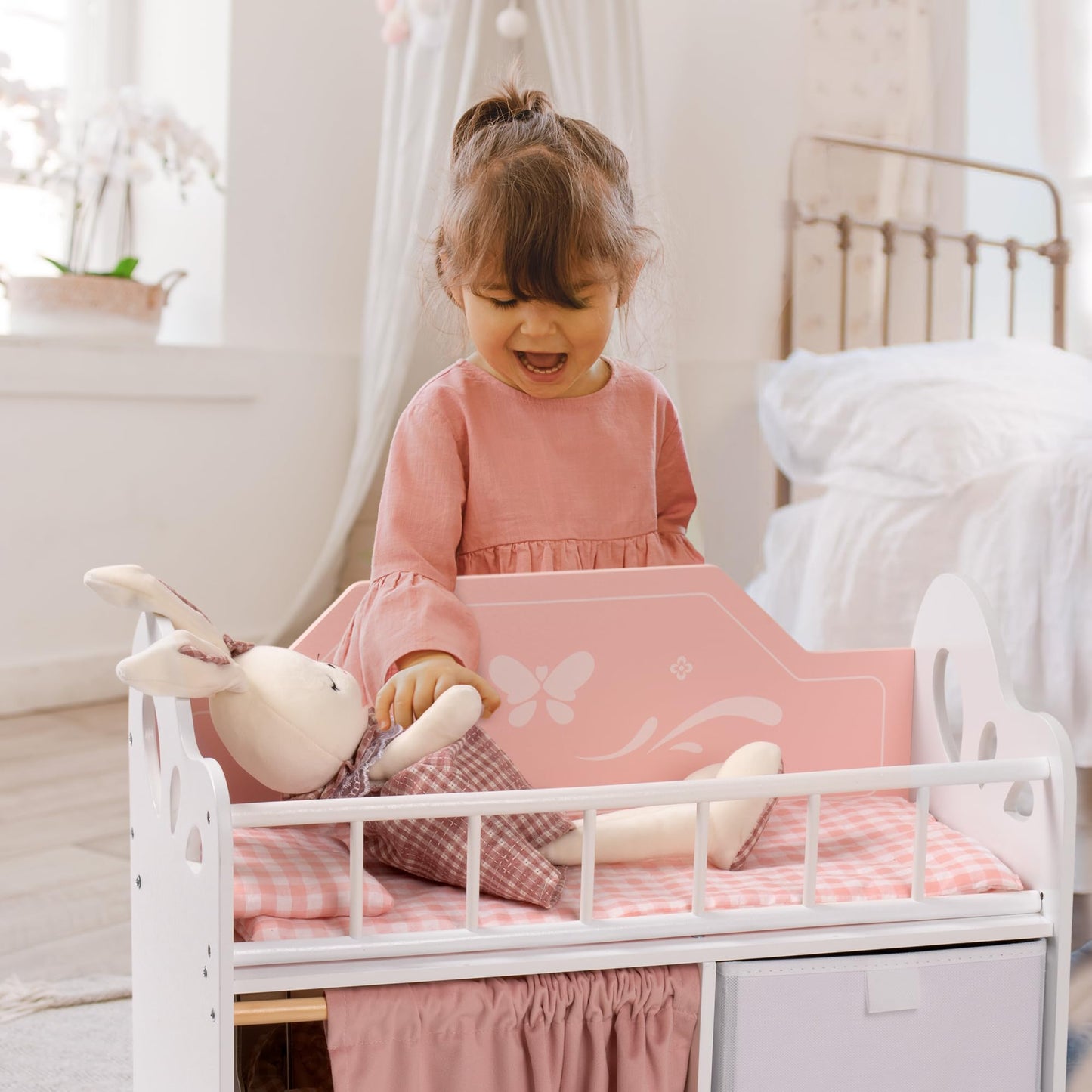 ROBUD Baby Doll Crib – Wooden Doll Bed with Storage & Bedding for Dolls Under 22 Inches (Pink)