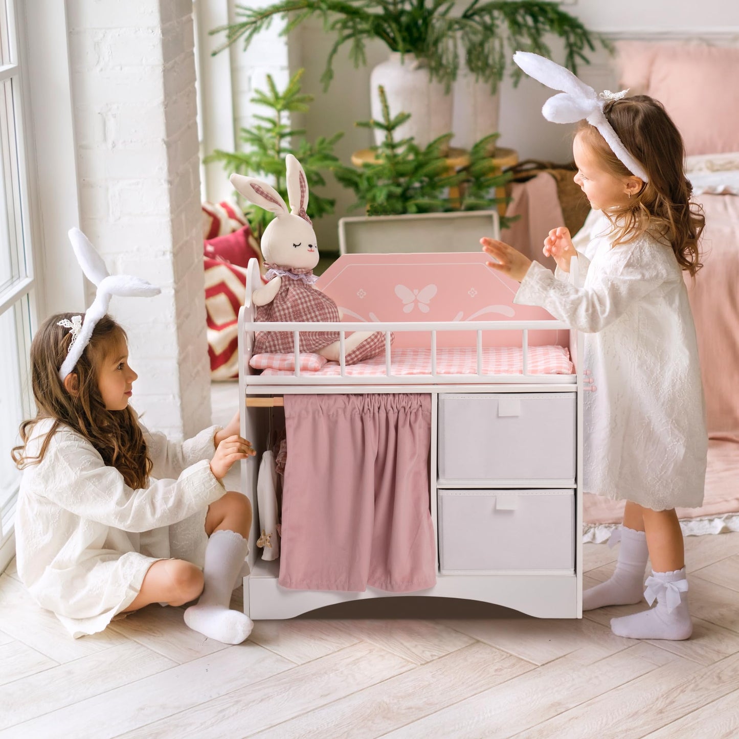 ROBUD Baby Doll Crib – Wooden Doll Bed with Storage & Bedding for Dolls Under 22 Inches (Pink)
