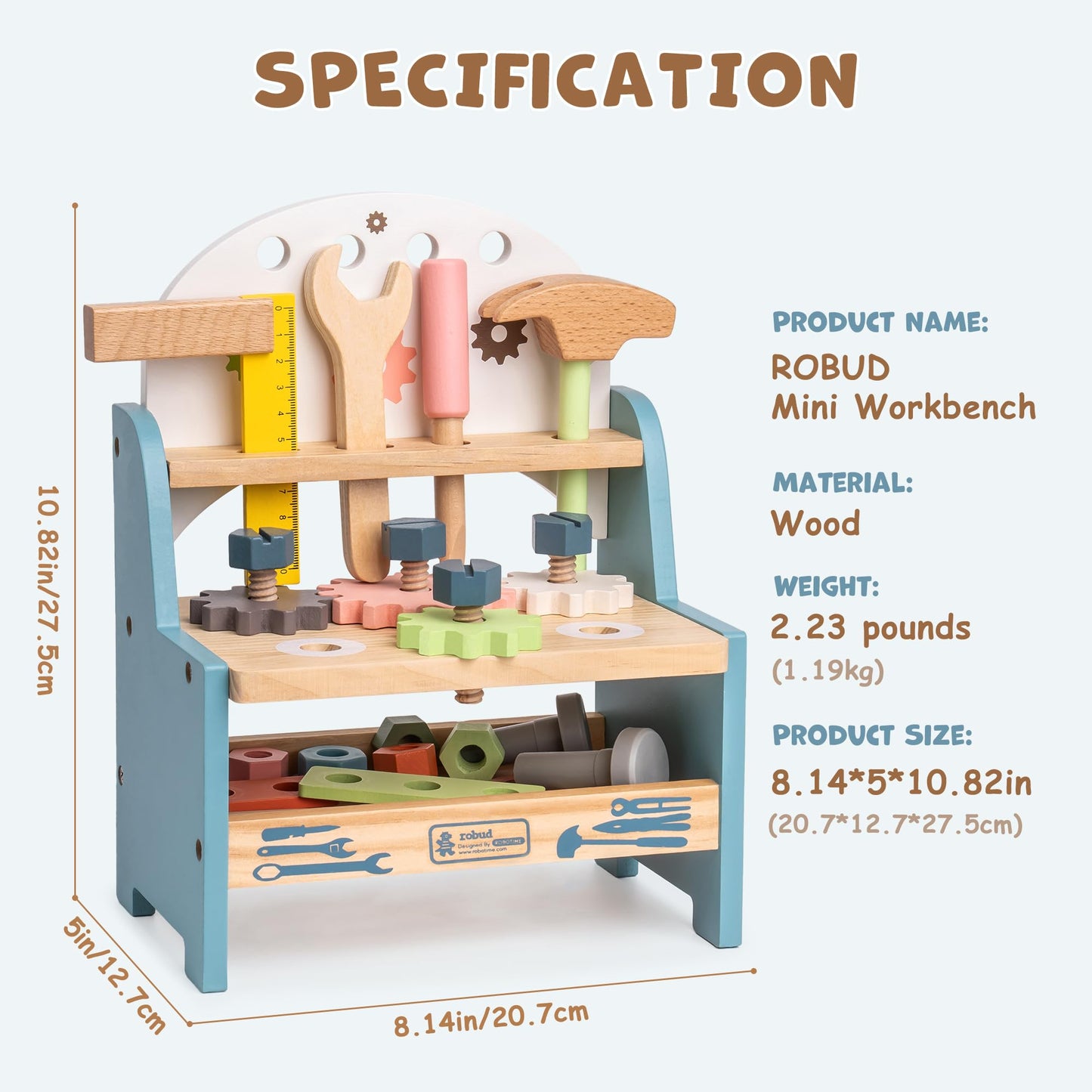 ROBUD Mini Wooden Play Tool Workbench Set — Montessori Toys for Kids 3-5