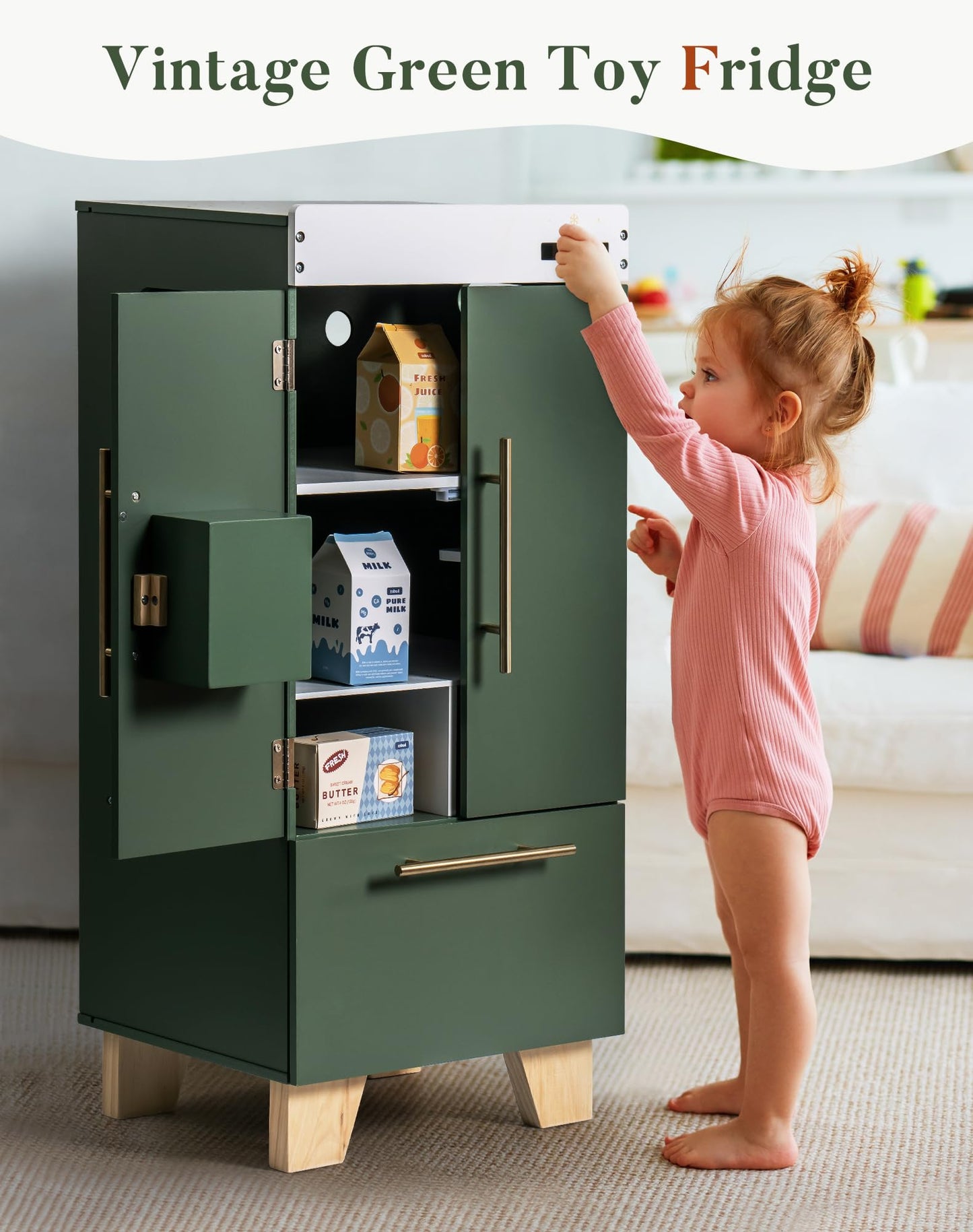 ROBUD Kids Play Kitchen Refrigerator — Vintage Green Toy Fridge with Accessories