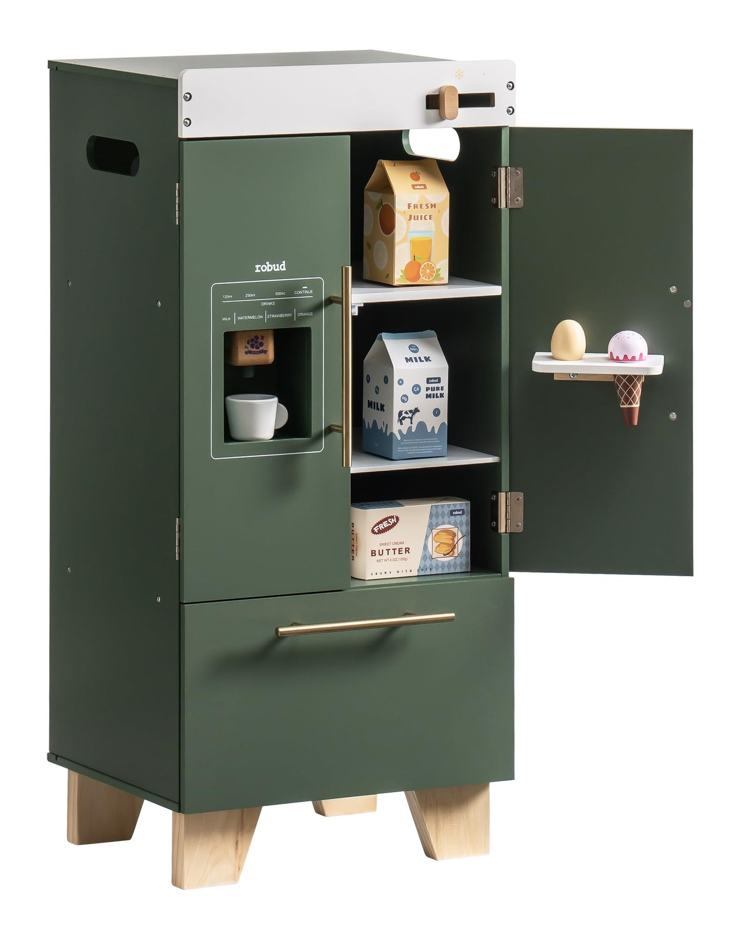 ROBUD Kids Play Kitchen Refrigerator — Vintage Green Toy Fridge with Accessories