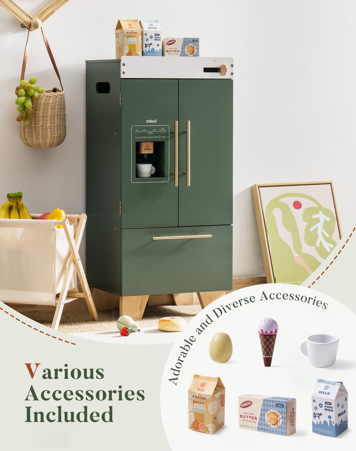 ROBUD Kids Play Kitchen Refrigerator — Vintage Green Toy Fridge with Accessories