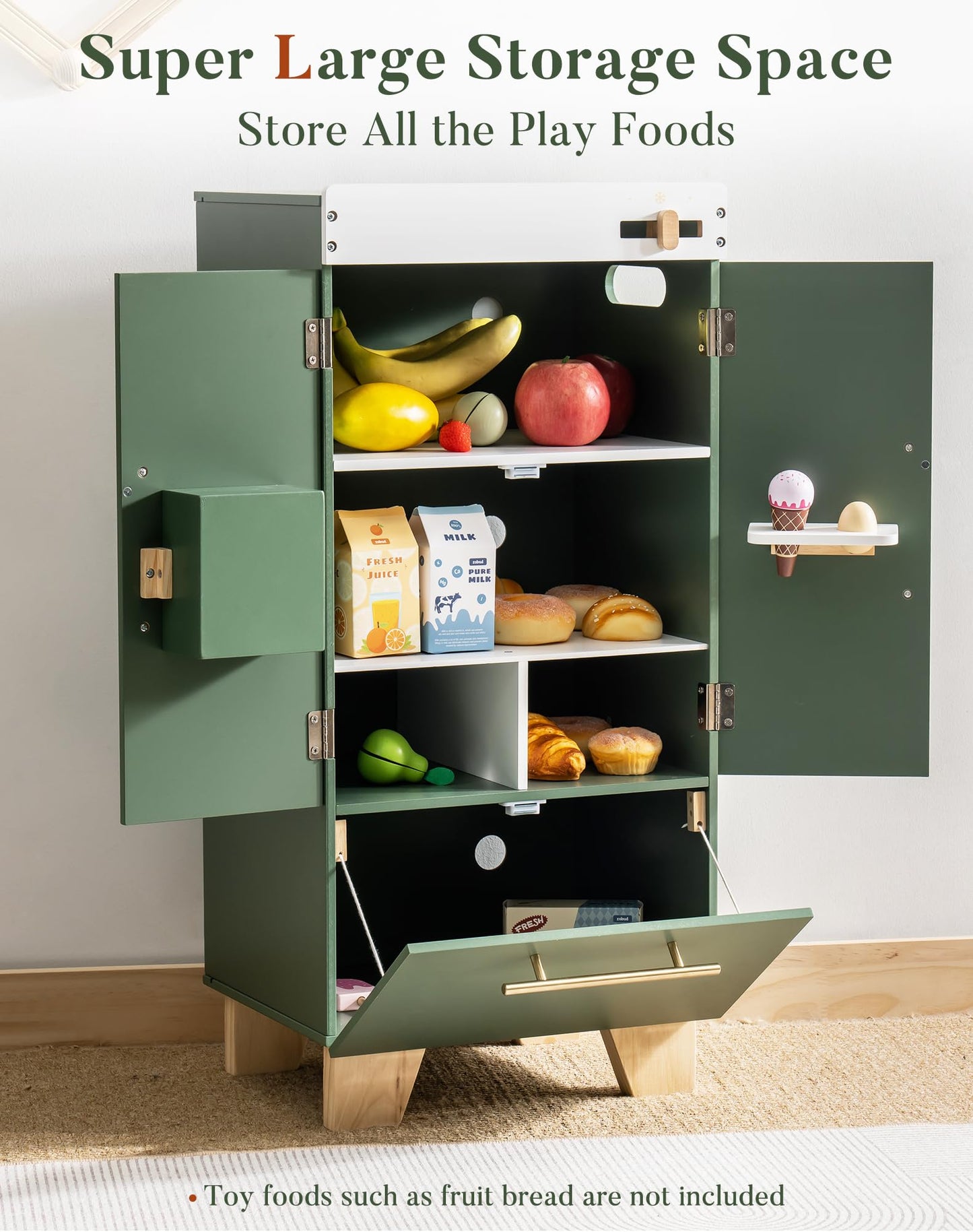 ROBUD Kids Play Kitchen Refrigerator — Vintage Green Toy Fridge with Accessories