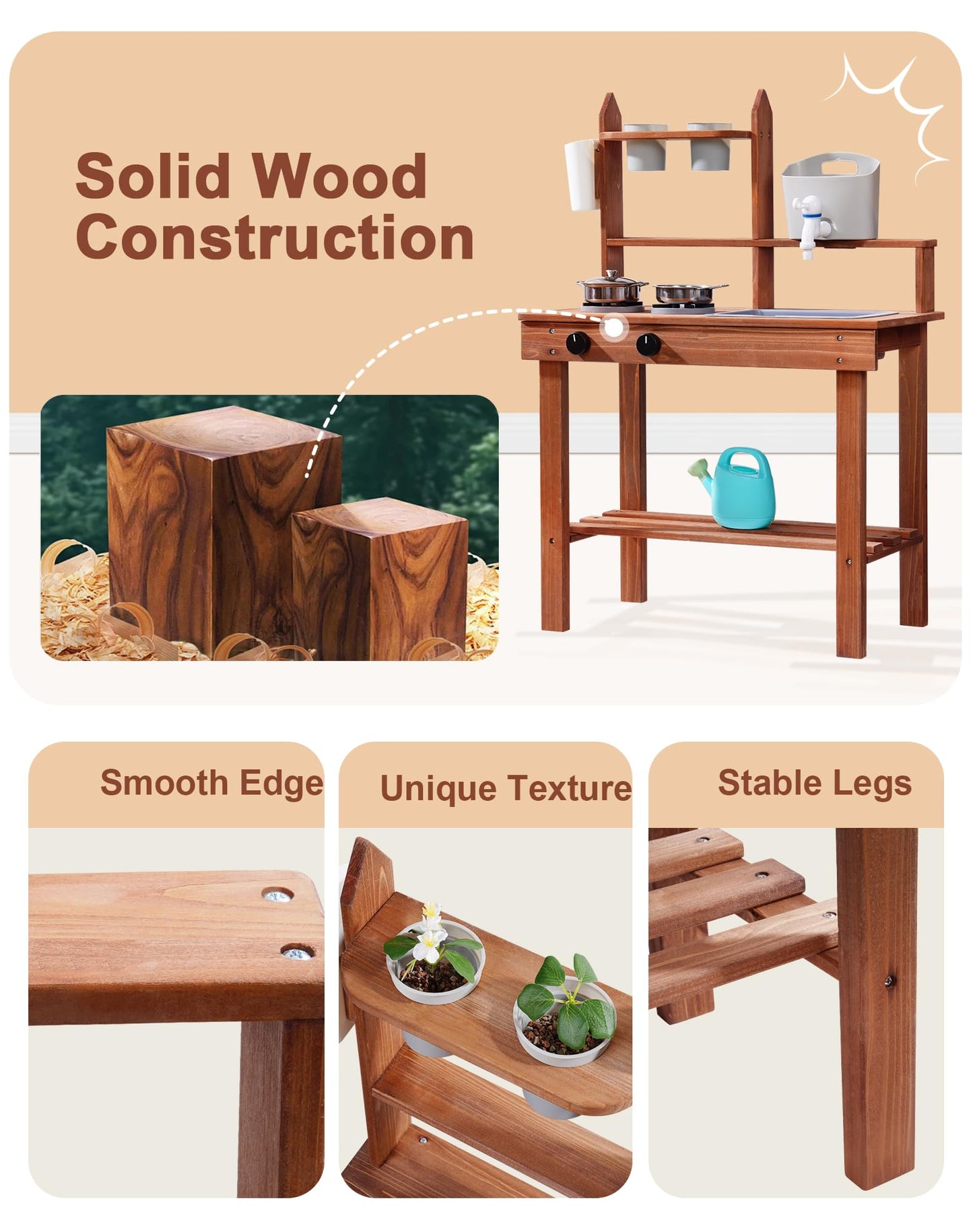 ROBUD Mud Kitchen for Kids Outdoor – Wooden Play Kitchen with Removable Sink & Faucet | Ages 3+