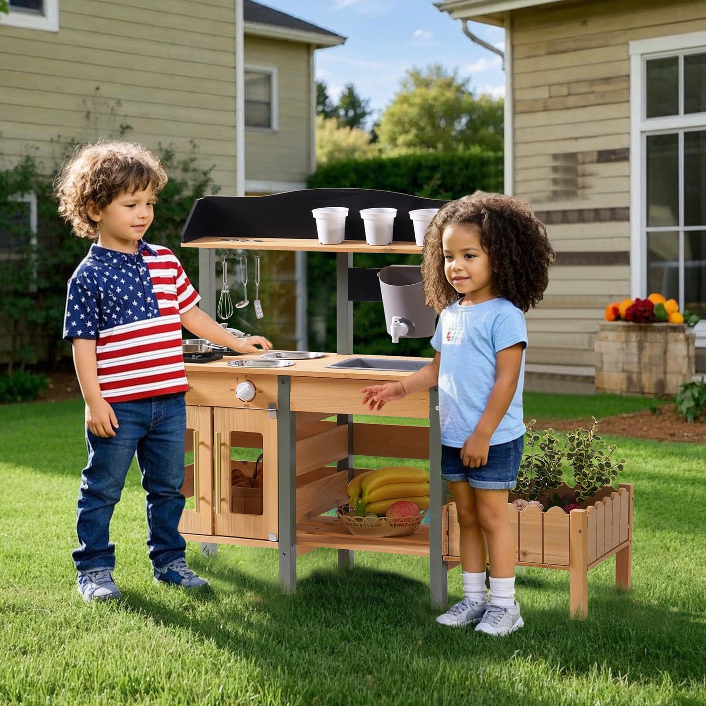 ROBUD Outdoor Mud Kitchen Set for Kids – Wooden Pretend Play Kitchen with Plant Growing Box & Real Faucet