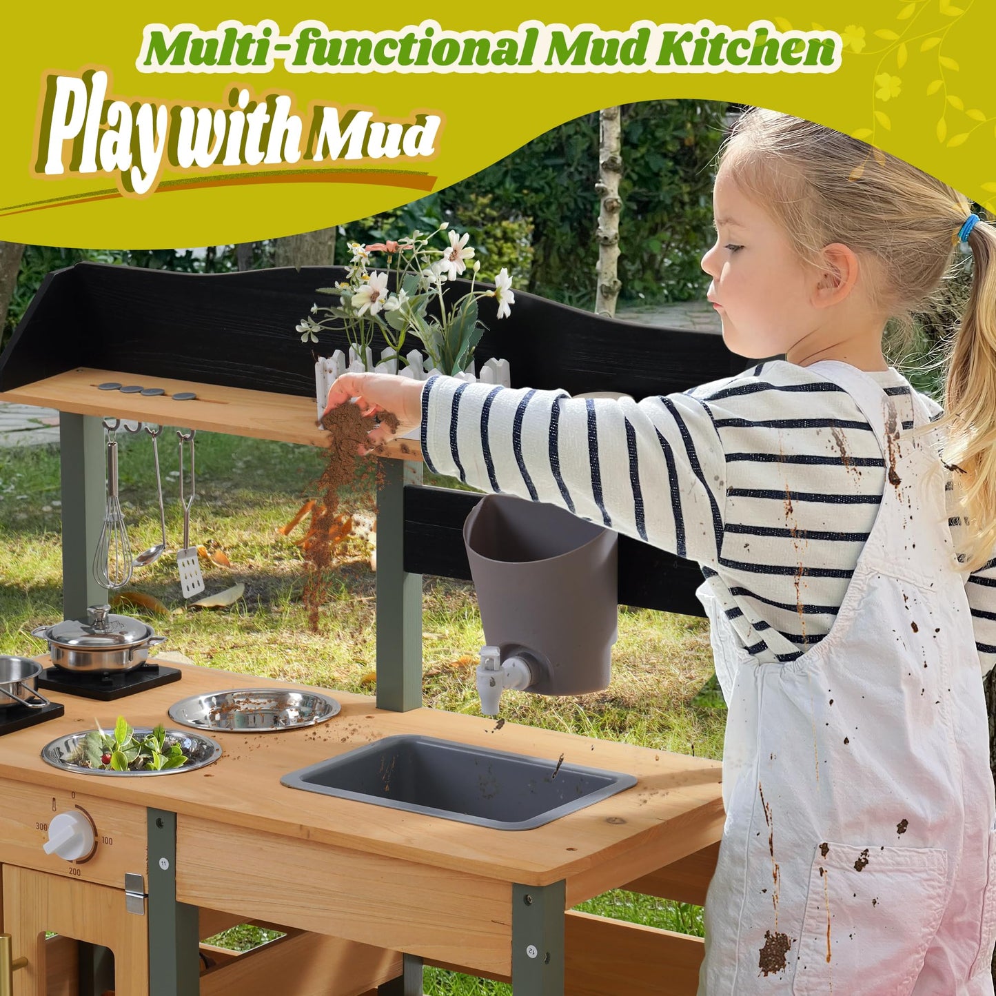 ROBUD Outdoor Mud Kitchen Set for Kids – Wooden Pretend Play Kitchen with Plant Growing Box & Real Faucet