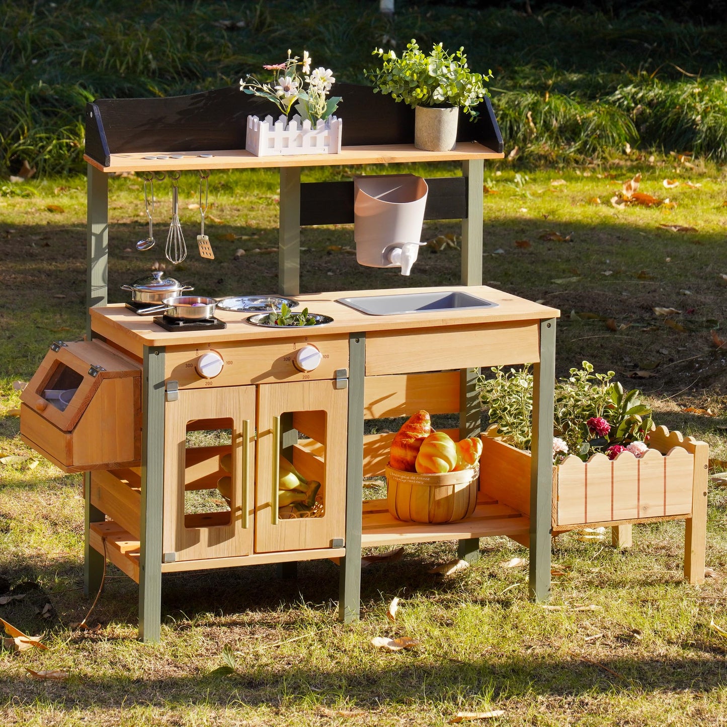 ROBUD Outdoor Mud Kitchen Set for Kids – Wooden Pretend Play Kitchen with Plant Growing Box & Real Faucet