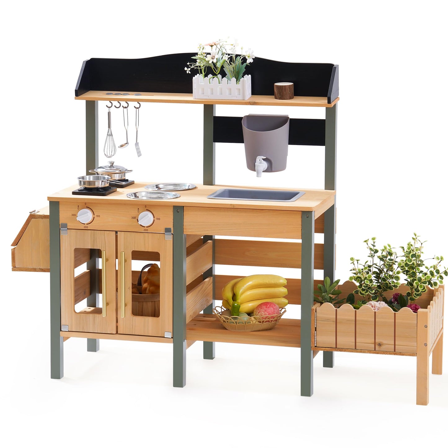 ROBUD Outdoor Mud Kitchen Set for Kids – Wooden Pretend Play Kitchen with Plant Growing Box & Real Faucet