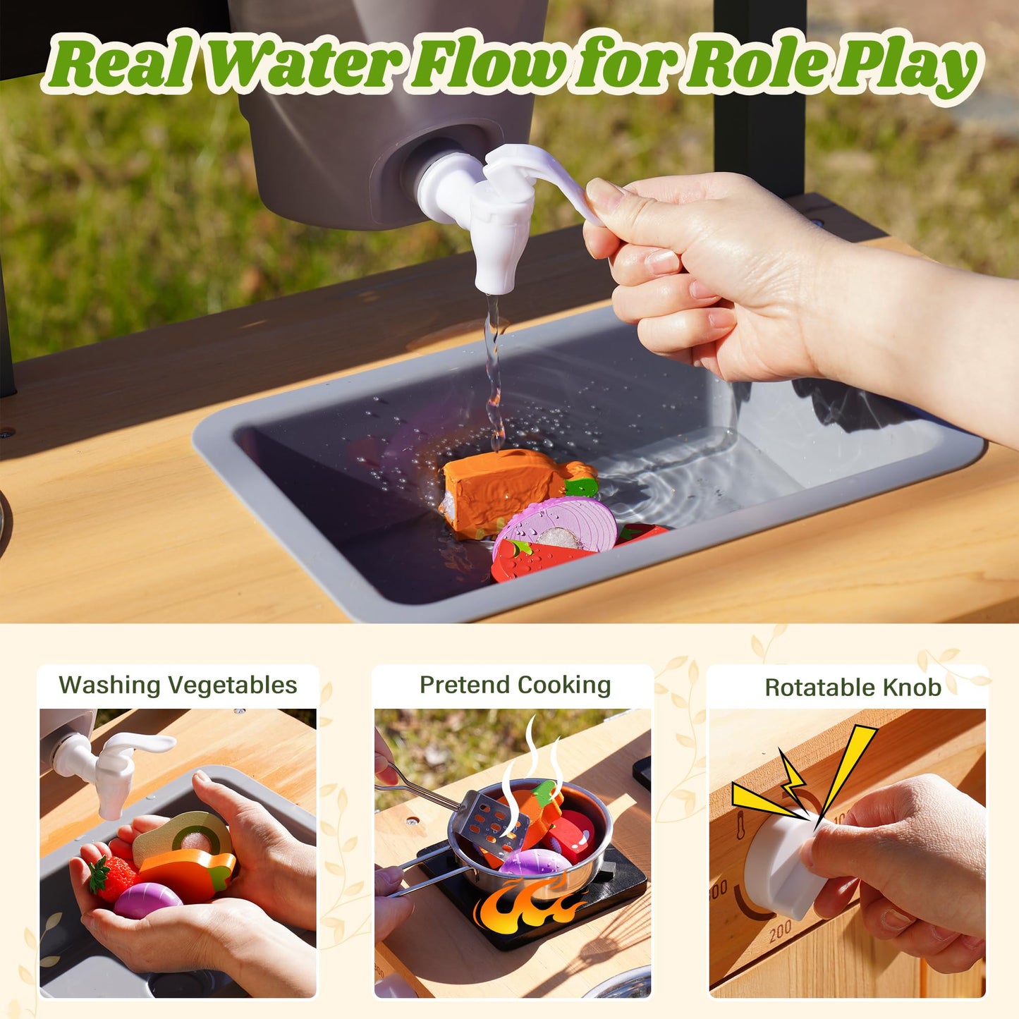 ROBUD Outdoor Mud Kitchen Set for Kids – Wooden Pretend Play Kitchen with Plant Growing Box & Real Faucet