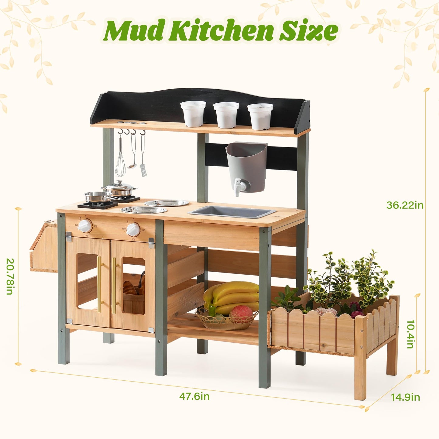 ROBUD Outdoor Mud Kitchen Set for Kids – Wooden Pretend Play Kitchen with Plant Growing Box & Real Faucet