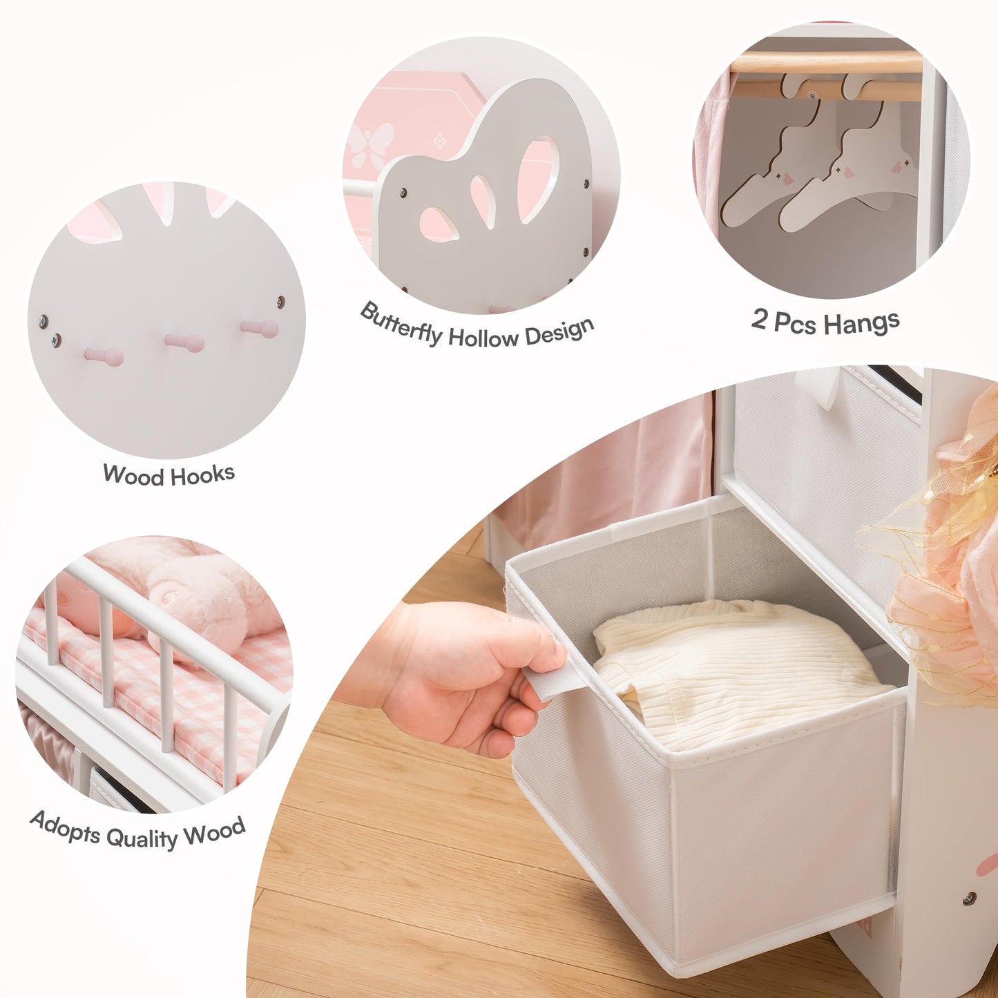 ROBUD Baby Doll Crib – Wooden Doll Bed with Storage & Bedding for Dolls Under 22 Inches (Pink)
