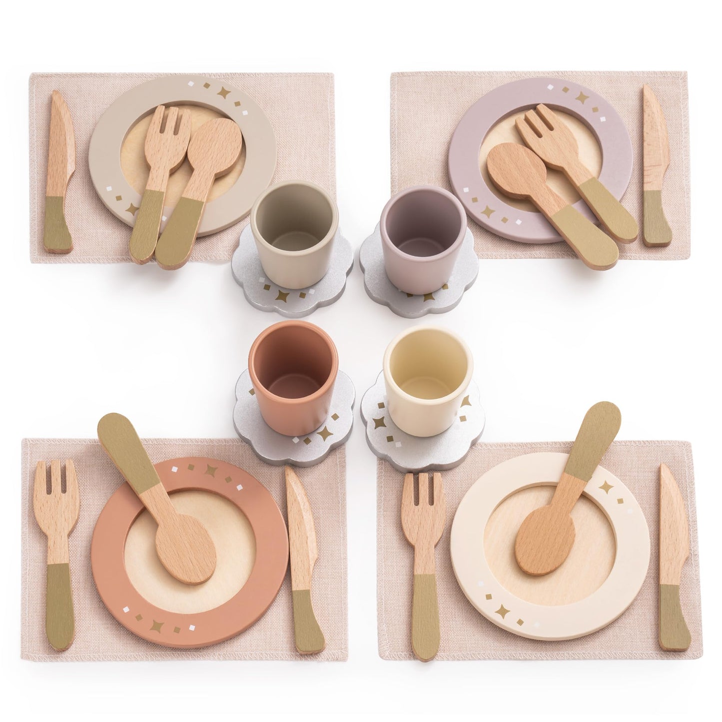 ROBUD 4-Set Wooden Play Dishes — Montessori-Inspired Pretend Play Kitchen for Kids