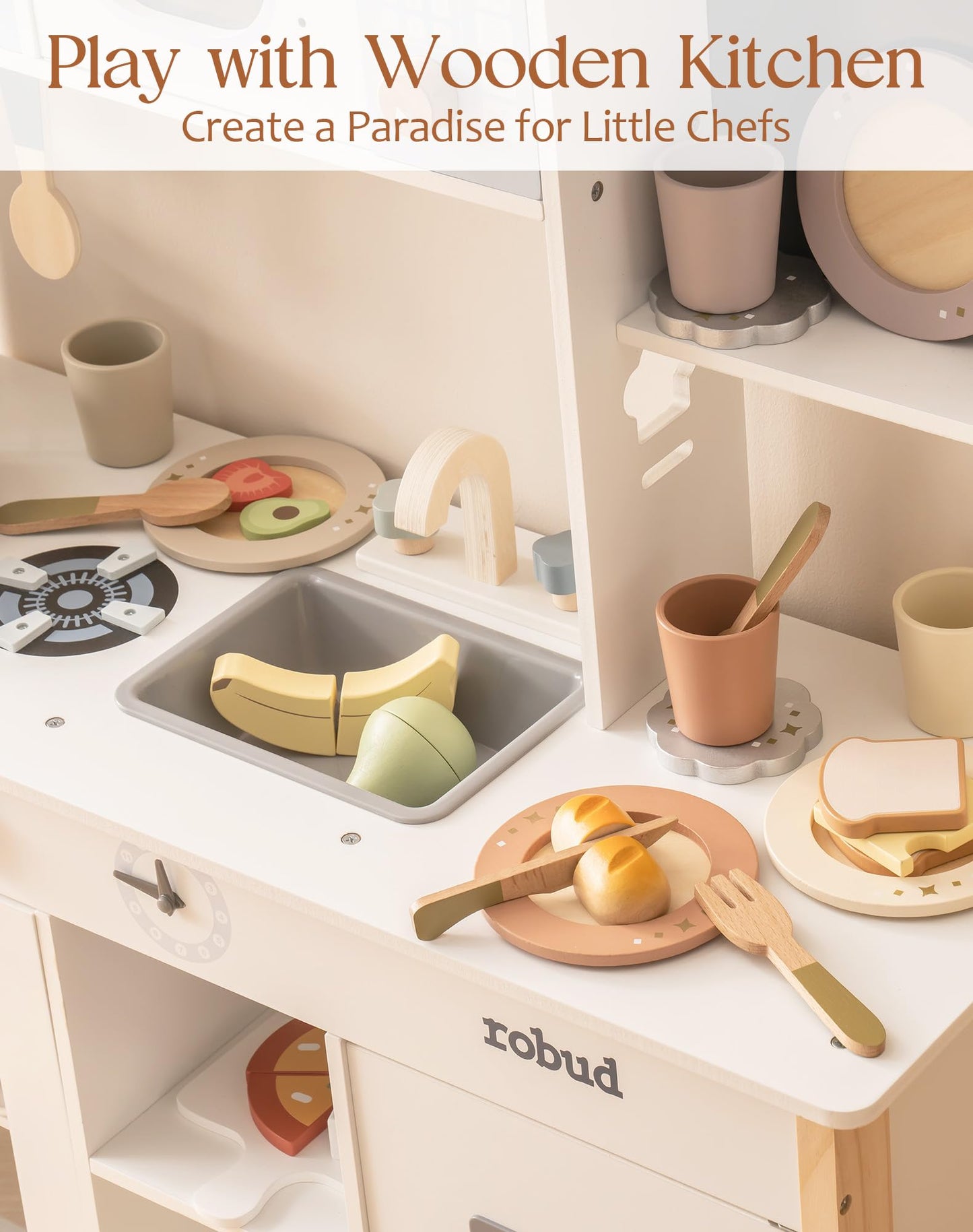 ROBUD 4-Set Wooden Play Dishes — Montessori-Inspired Pretend Play Kitchen for Kids