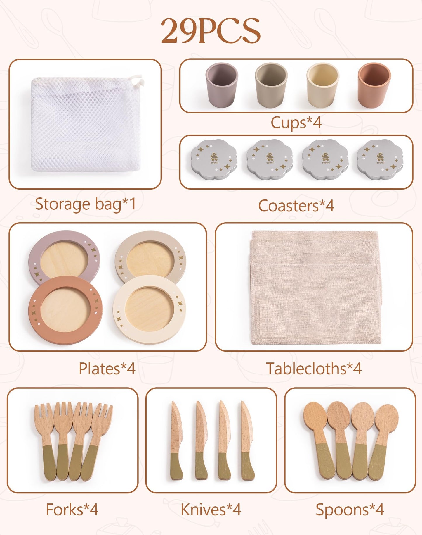 ROBUD 4-Set Wooden Play Dishes — Montessori-Inspired Pretend Play Kitchen for Kids