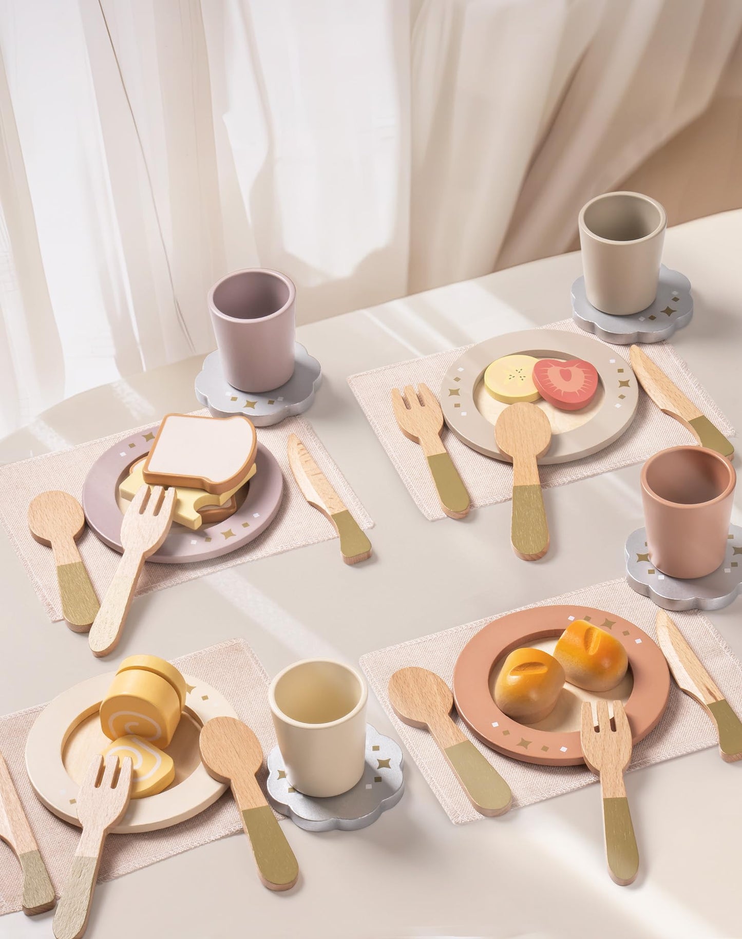 ROBUD 4-Set Wooden Play Dishes — Montessori-Inspired Pretend Play Kitchen for Kids