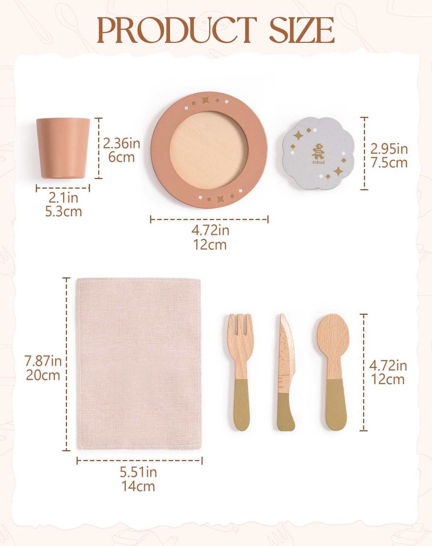 ROBUD 4-Set Wooden Play Dishes — Montessori-Inspired Pretend Play Kitchen for Kids