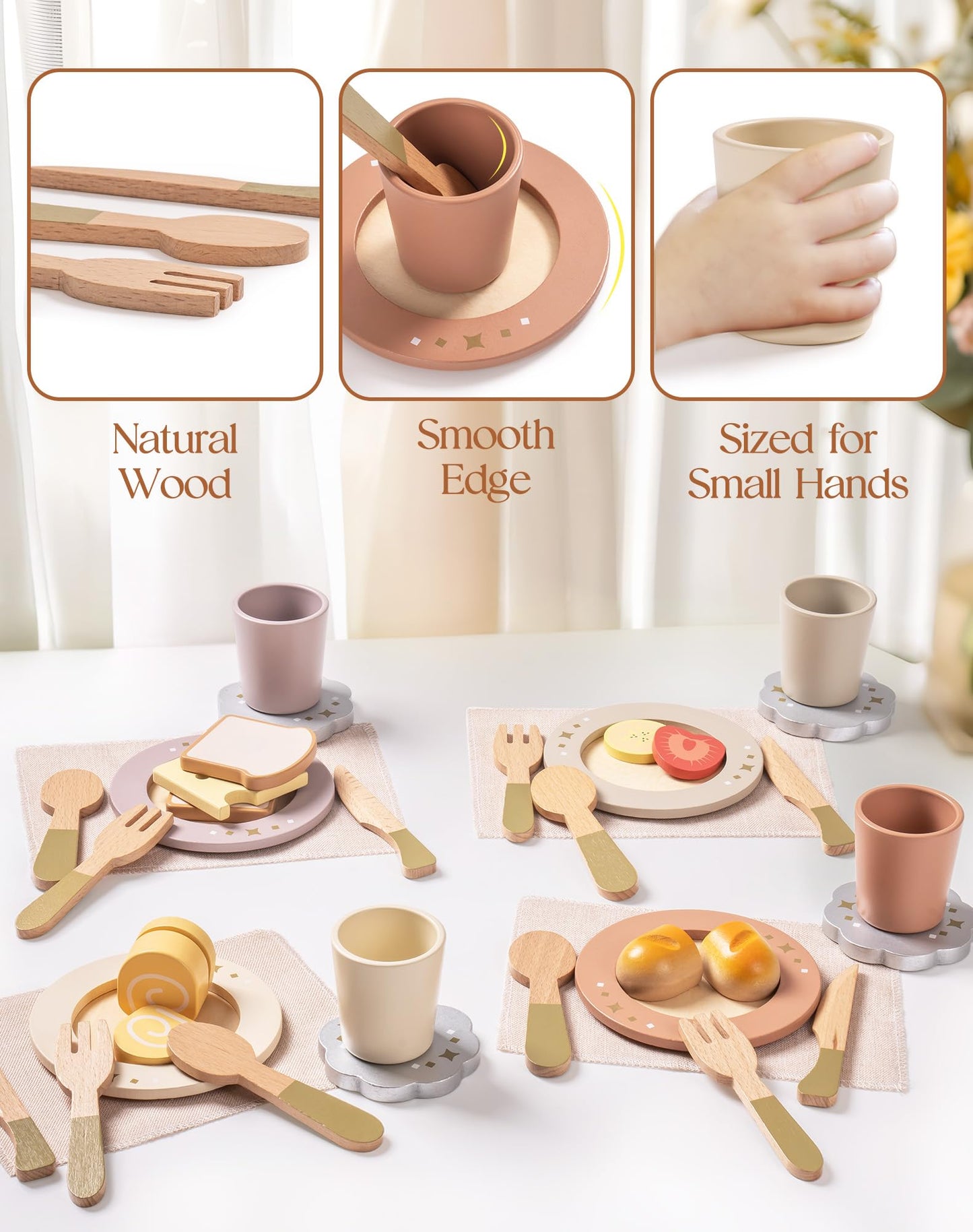 ROBUD 4-Set Wooden Play Dishes — Montessori-Inspired Pretend Play Kitchen for Kids