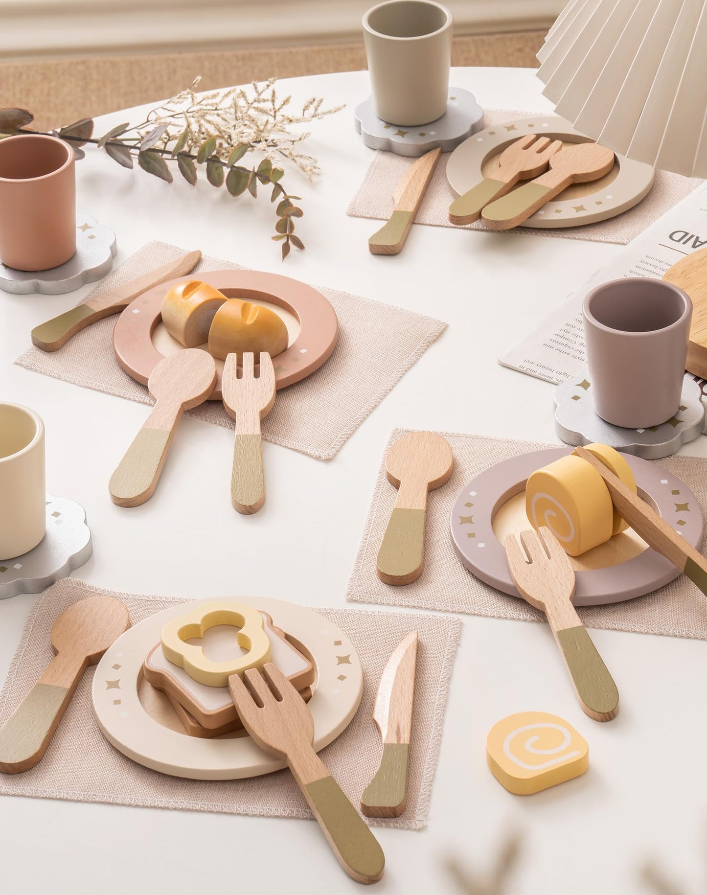 ROBUD 4-Set Wooden Play Dishes — Montessori-Inspired Pretend Play Kitchen for Kids