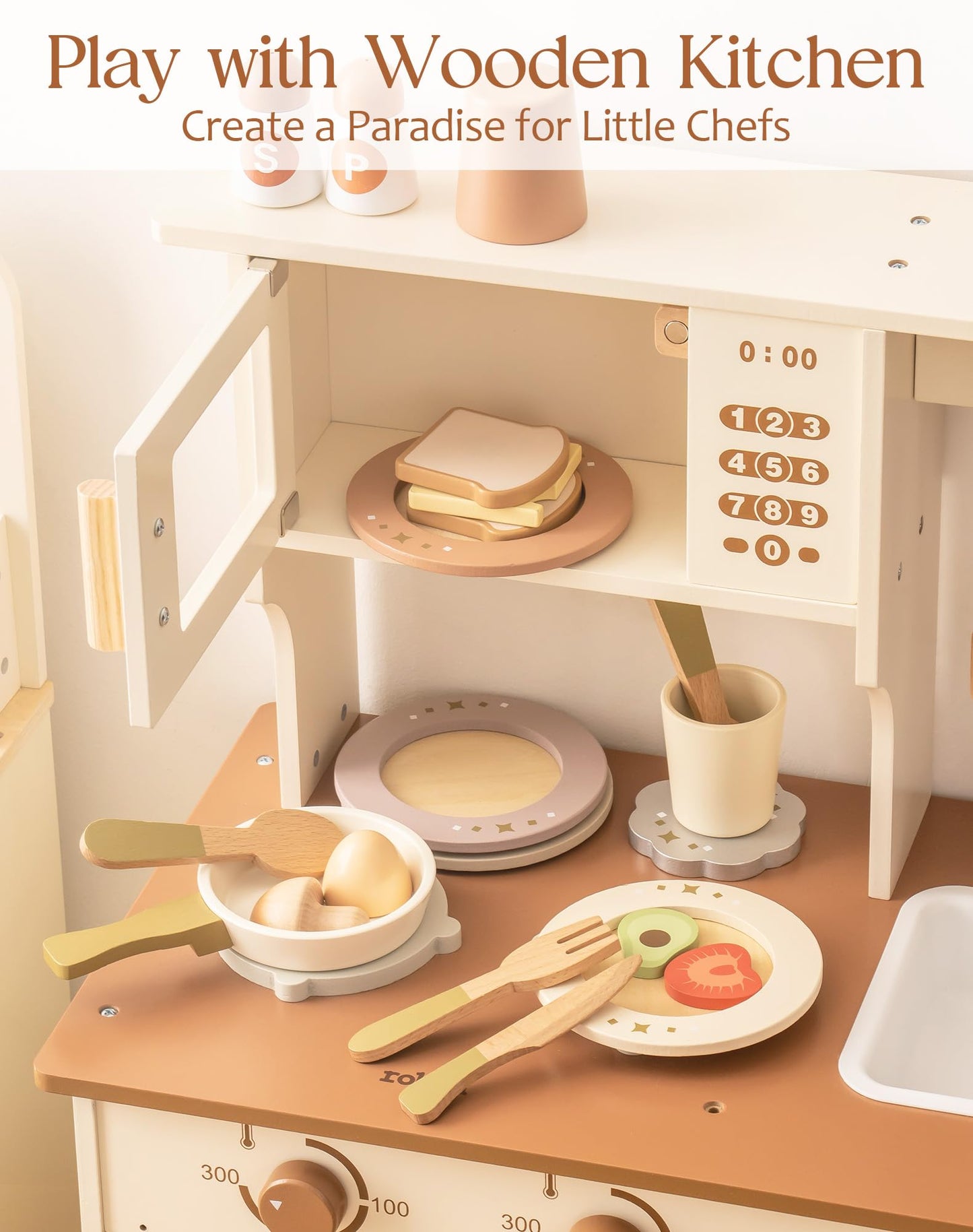 ROBUD 4-Set Wooden Play Dishes — Montessori-Inspired Pretend Play Kitchen for Kids