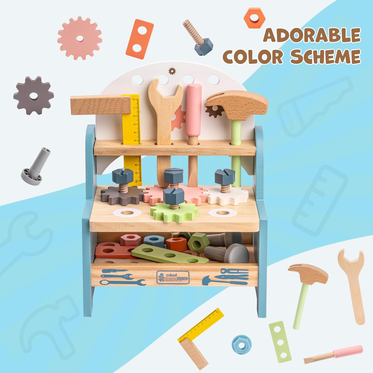 ROBUD Mini Wooden Play Tool Workbench Set — Montessori Toys for Kids 3-5