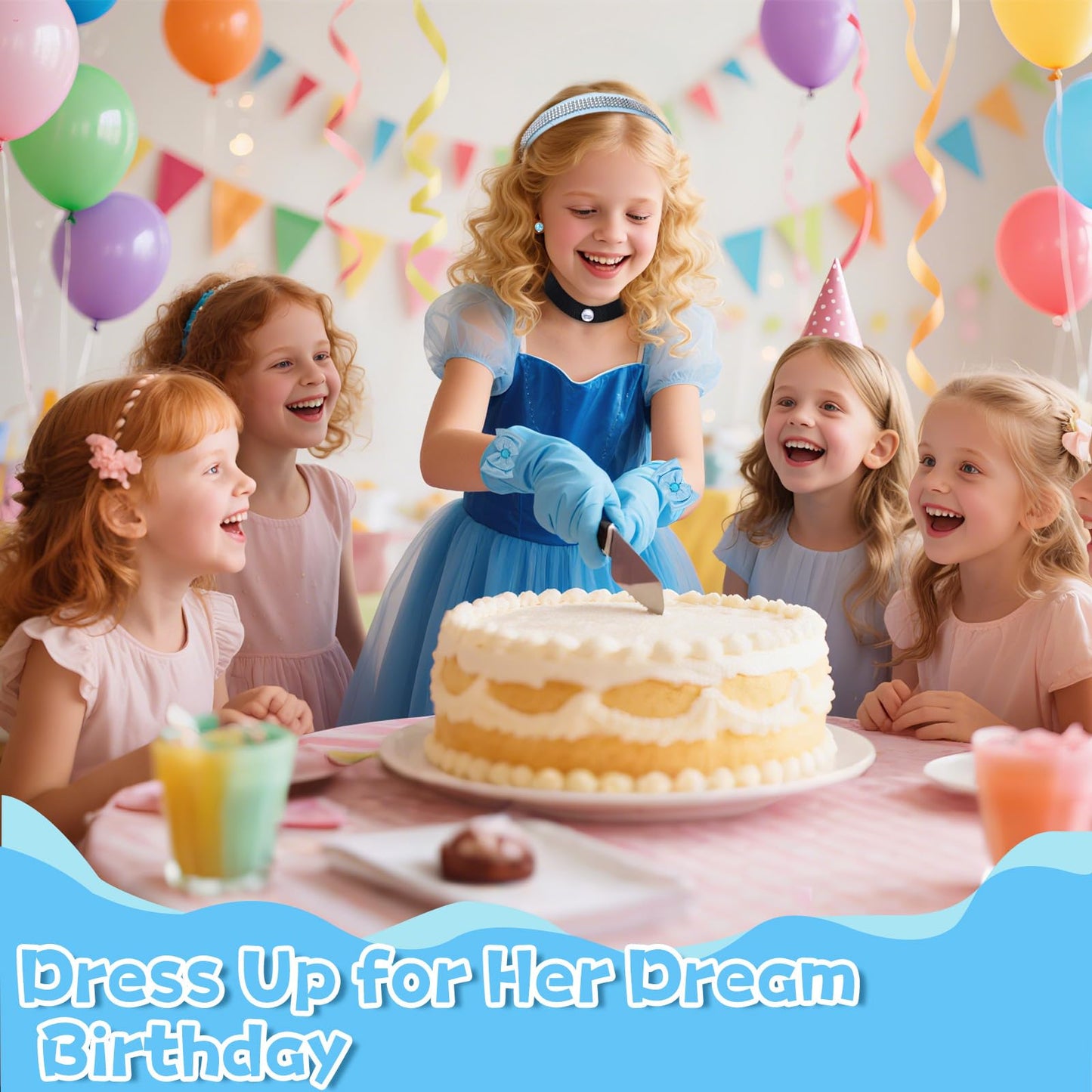 ROC PARTY Cinderella Accessories for Girls - 4-Piece Rhinestone Crown, Headband, Choker, Gloves & Earrings (Blue)