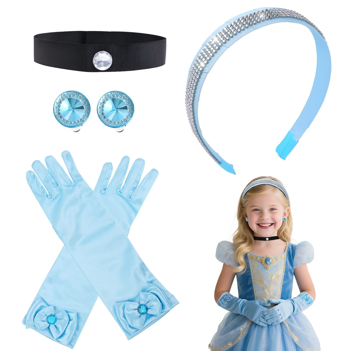 ROC PARTY Cinderella Accessories for Girls - 4-Piece Rhinestone Crown, Headband, Choker, Gloves & Earrings (Blue)