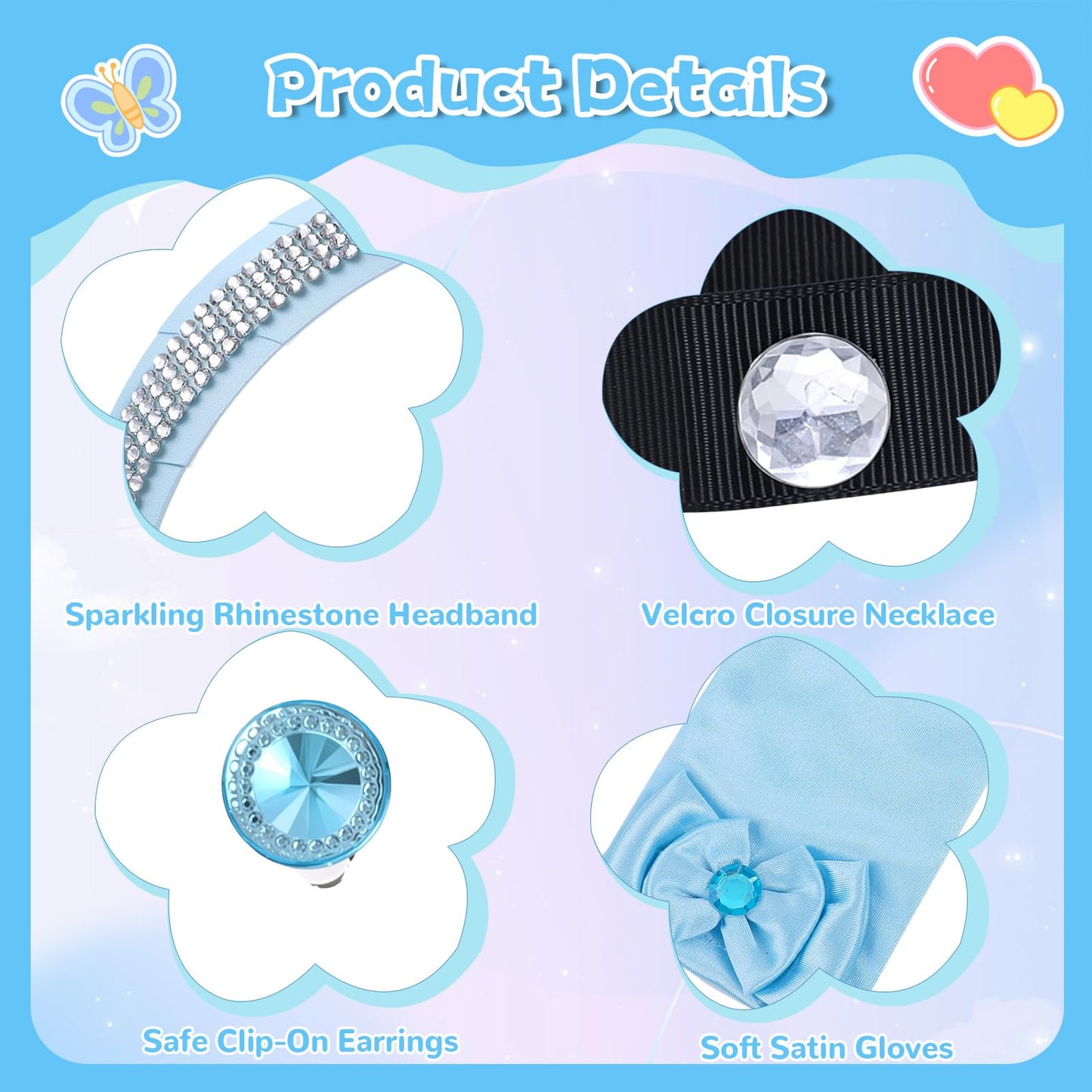 ROC PARTY Cinderella Accessories for Girls - 4-Piece Rhinestone Crown, Headband, Choker, Gloves & Earrings (Blue)