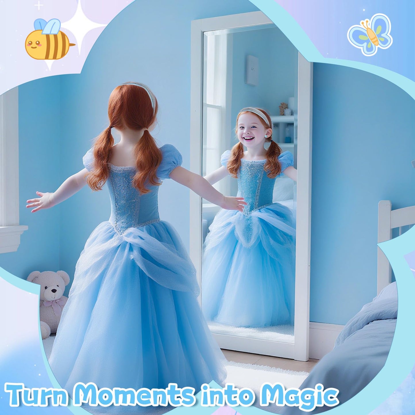 ROC PARTY Cinderella Accessories for Girls - 4-Piece Rhinestone Crown, Headband, Choker, Gloves & Earrings (Blue)