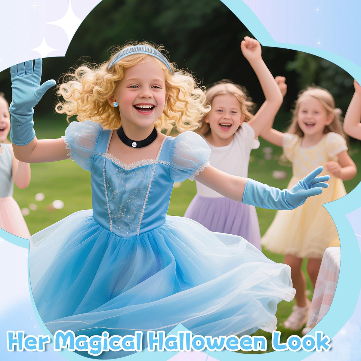 ROC PARTY Cinderella Accessories for Girls - 4-Piece Rhinestone Crown, Headband, Choker, Gloves & Earrings (Blue)