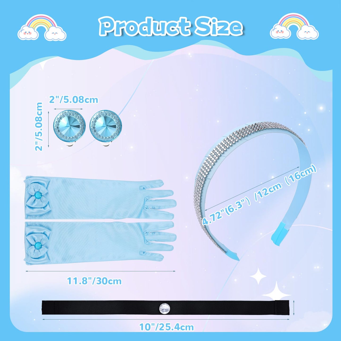 ROC PARTY Cinderella Accessories for Girls - 4-Piece Rhinestone Crown, Headband, Choker, Gloves & Earrings (Blue)