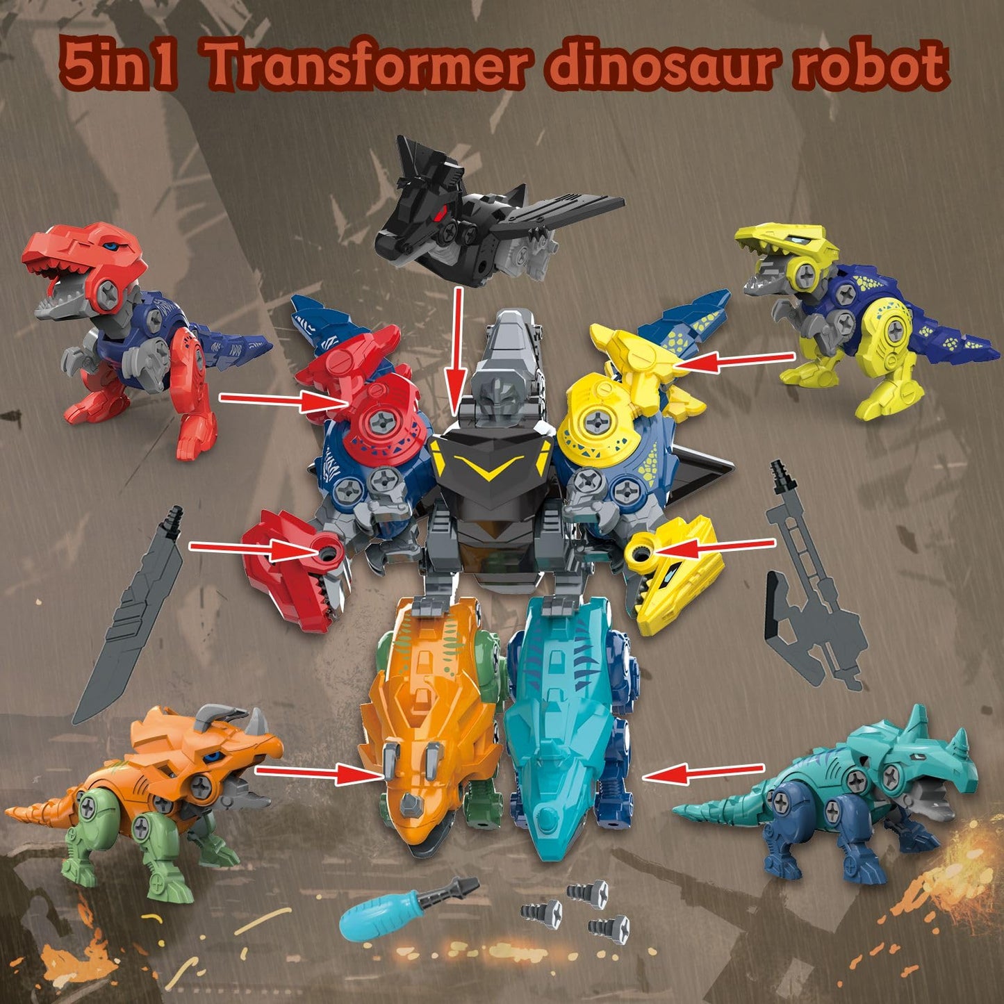 Rockclo Dinosaur Transform Robot 5-in-1 Take Apart Toy for Kids Aged 3–8