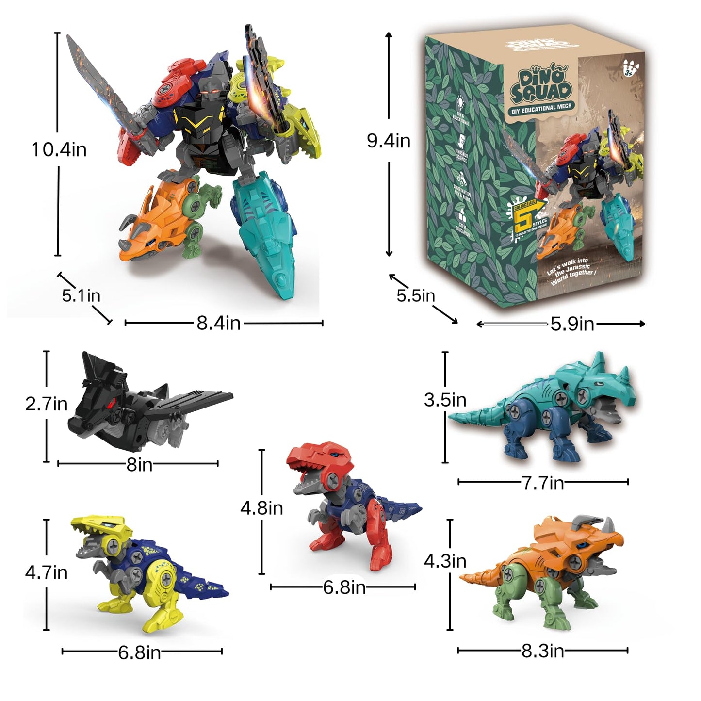 Rockclo Dinosaur Transform Robot 5-in-1 Take Apart Toy for Kids Aged 3–8