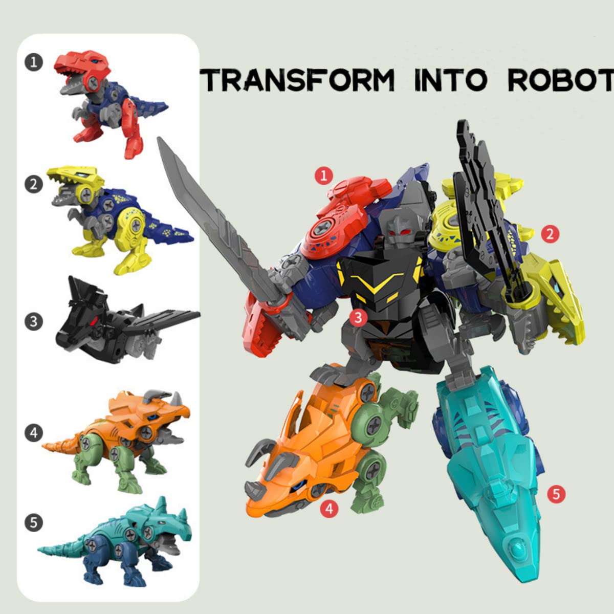 Rockclo Dinosaur Transform Robot 5-in-1 Take Apart Toy for Kids Aged 3–8