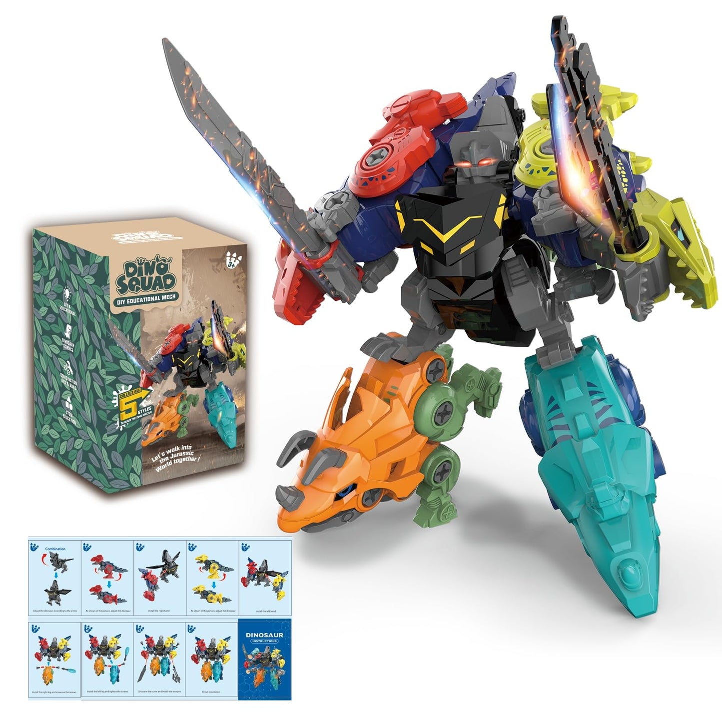 Rockclo Dinosaur Transform Robot 5-in-1 Take Apart Toy for Kids Aged 3–8