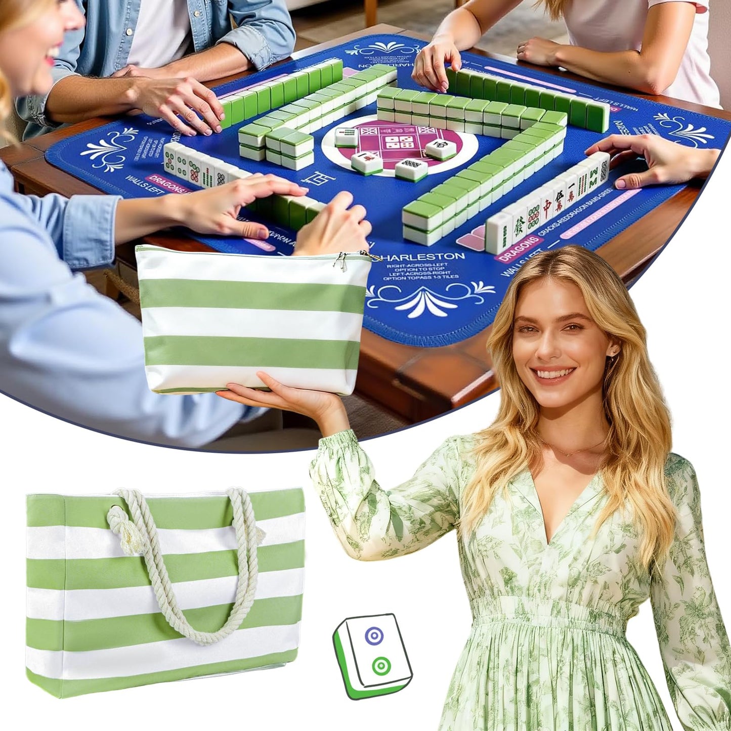 ROCKHUGO Empty Mahjong Tile Bag 3PS – Stripe Tote for Tiles & Racks (Case Only)