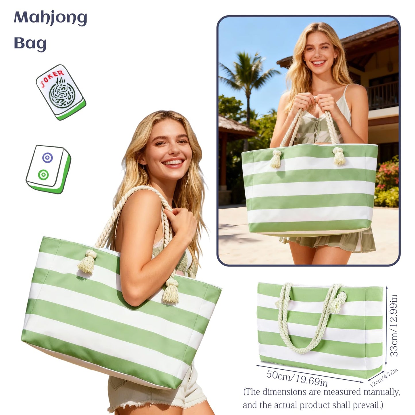 ROCKHUGO Empty Mahjong Tile Bag 3PS – Stripe Tote for Tiles & Racks (Case Only)