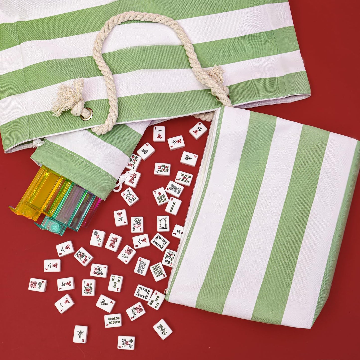 ROCKHUGO Empty Mahjong Tile Bag 3PS – Stripe Tote for Tiles & Racks (Case Only)