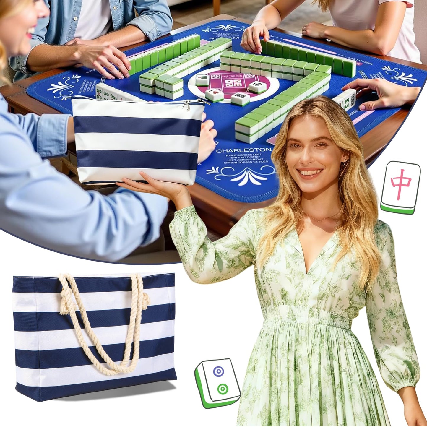 ROCKHUGO Empty Mahjong Tile Bag 3PS - Stripe American Mahjong Carrying Set Tote Bags for Tiles and Racks Storage (Case Only)