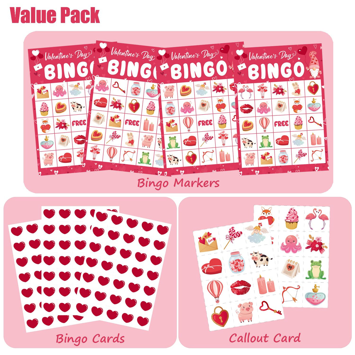 ROCWOHO Valentines Day Bingo Game Cards – 24 Players, 5x7 In, Gnome Design, Family & Classroom Party Activity