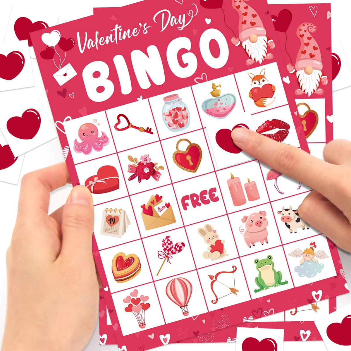 ROCWOHO Valentines Day Bingo Game Cards – 24 Players, 5x7 In, Gnome Design, Family & Classroom Party Activity