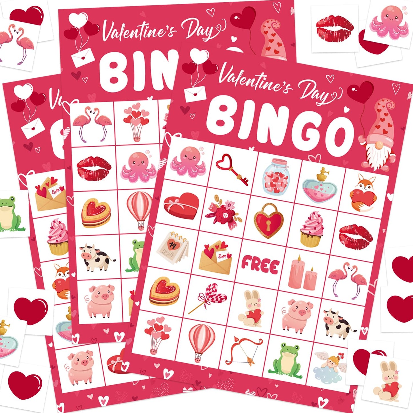 ROCWOHO Valentines Day Bingo Game Cards – 24 Players, 5x7 In, Gnome Design, Family & Classroom Party Activity