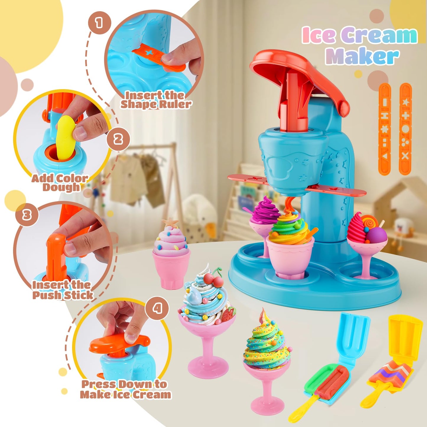 Rodsucs 3-in-1 Color Dough Set for Kids – Ice Cream, Noodle & Hamburger Maker (12 Colors)