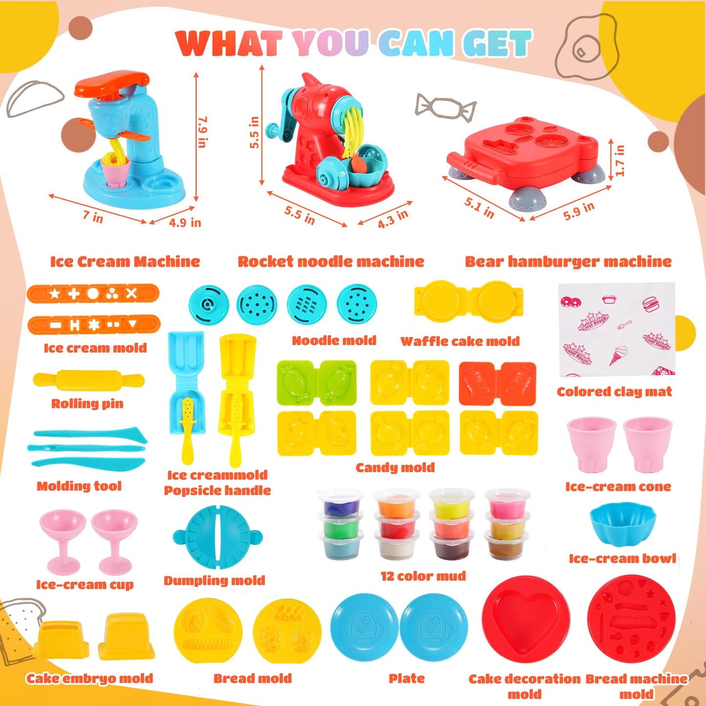 Rodsucs 3-in-1 Color Dough Set for Kids – Ice Cream, Noodle & Hamburger Maker (12 Colors)