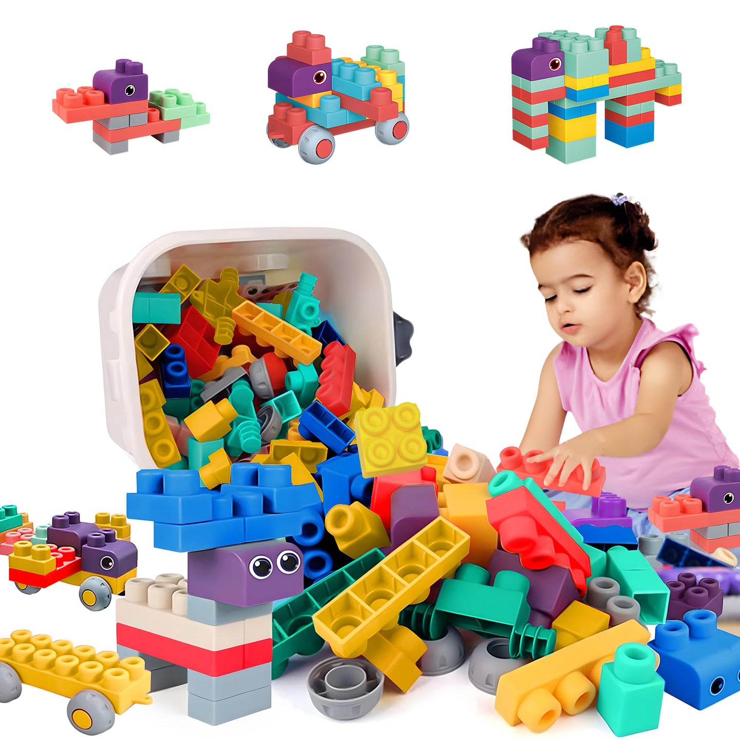 ROHSCE 80PCS Baby Blocks Set with Storage Bucket | Soft Rubber Blocks for Babies 6 Months and Up