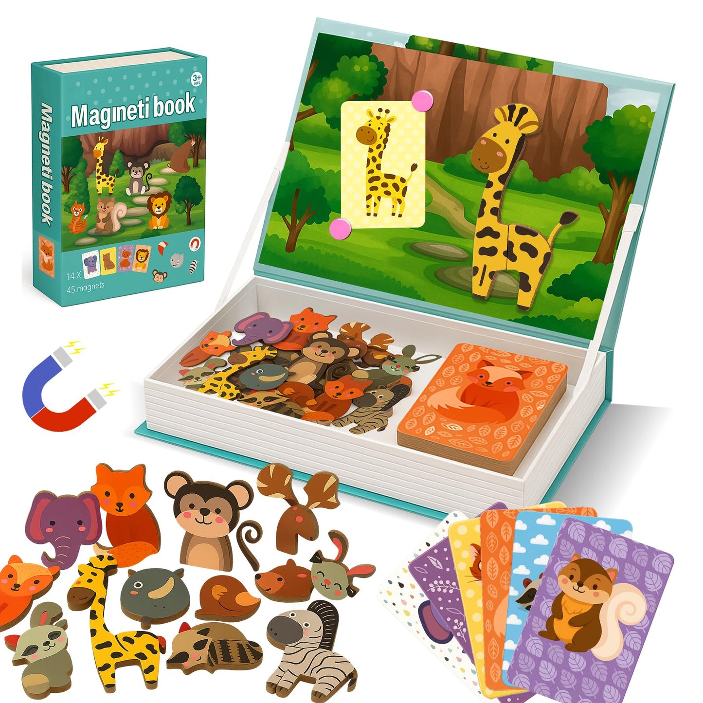 ROHSCE Animal Magnetic Busy Book for Toddlers – 45 Magnets & 14 Activity Cards | Montessori Travel Toy
