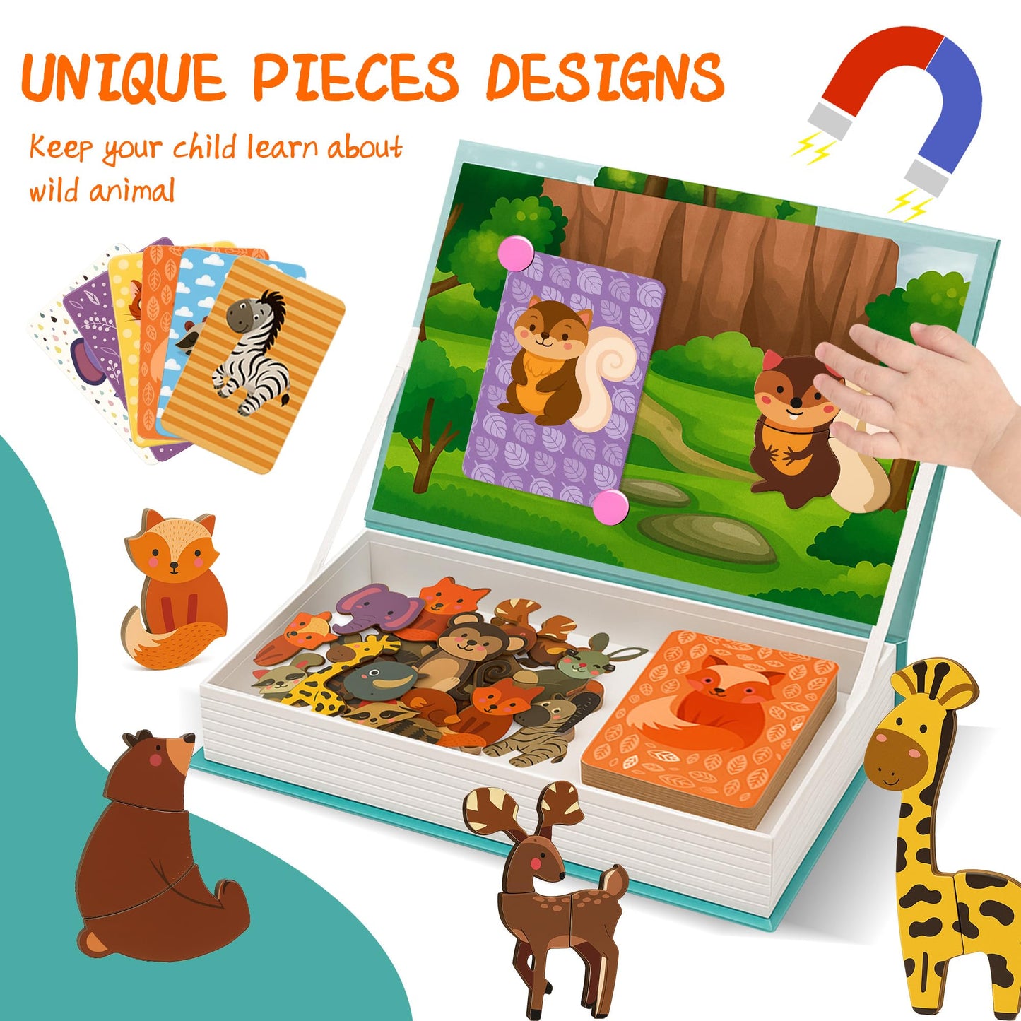 ROHSCE Animal Magnetic Busy Book for Toddlers – 45 Magnets & 14 Activity Cards | Montessori Travel Toy
