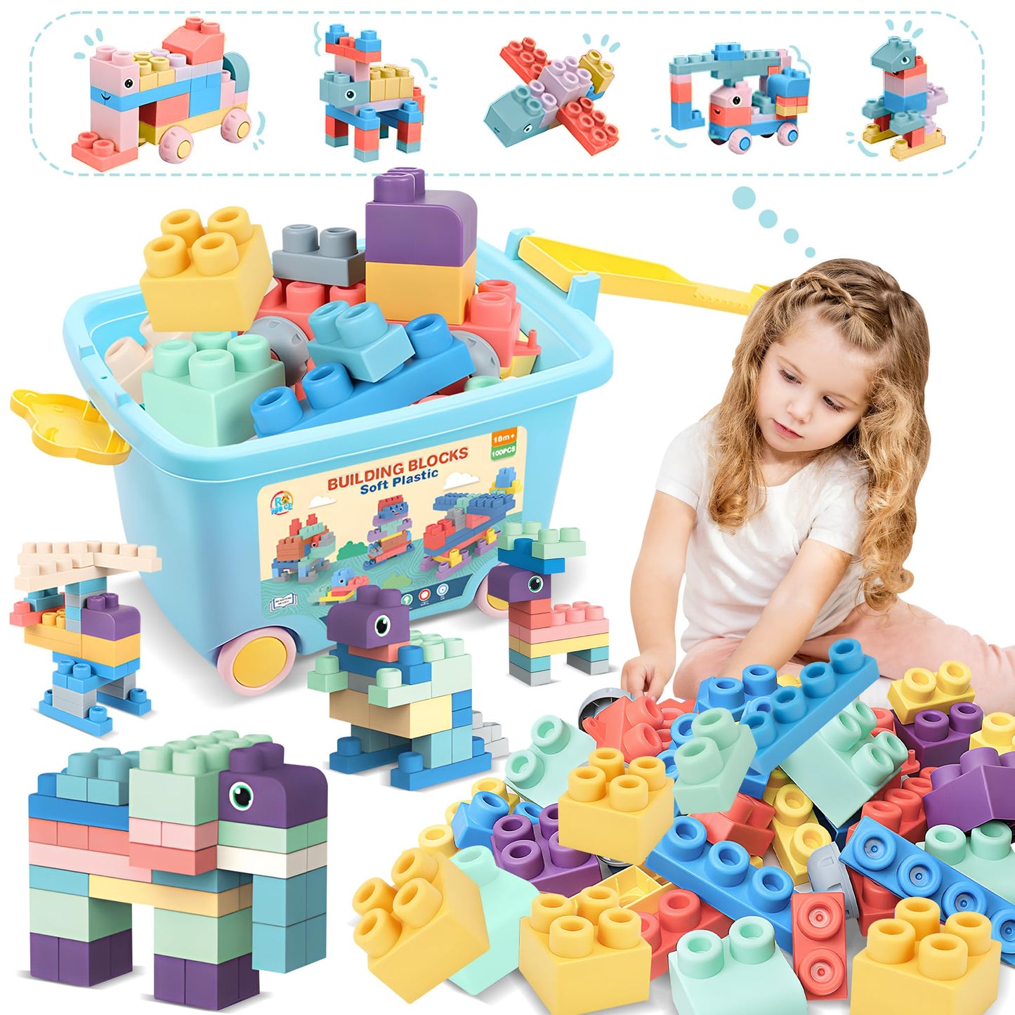 ROHSCE 100PCS Baby Blocks Set with Storage Bucket – Soft Rubber Blocks for Preschool STEM & Creative Play