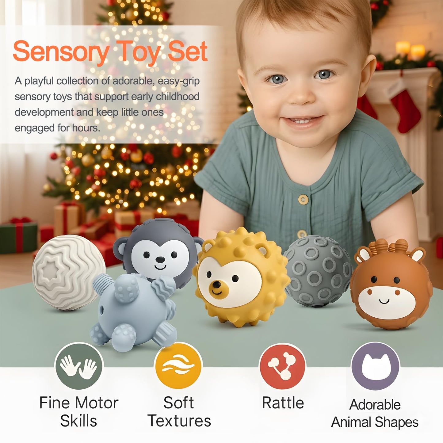 ROHSCE 6-Pack Baby Sensory Balls – Textured Animal Face Toys & Teethers